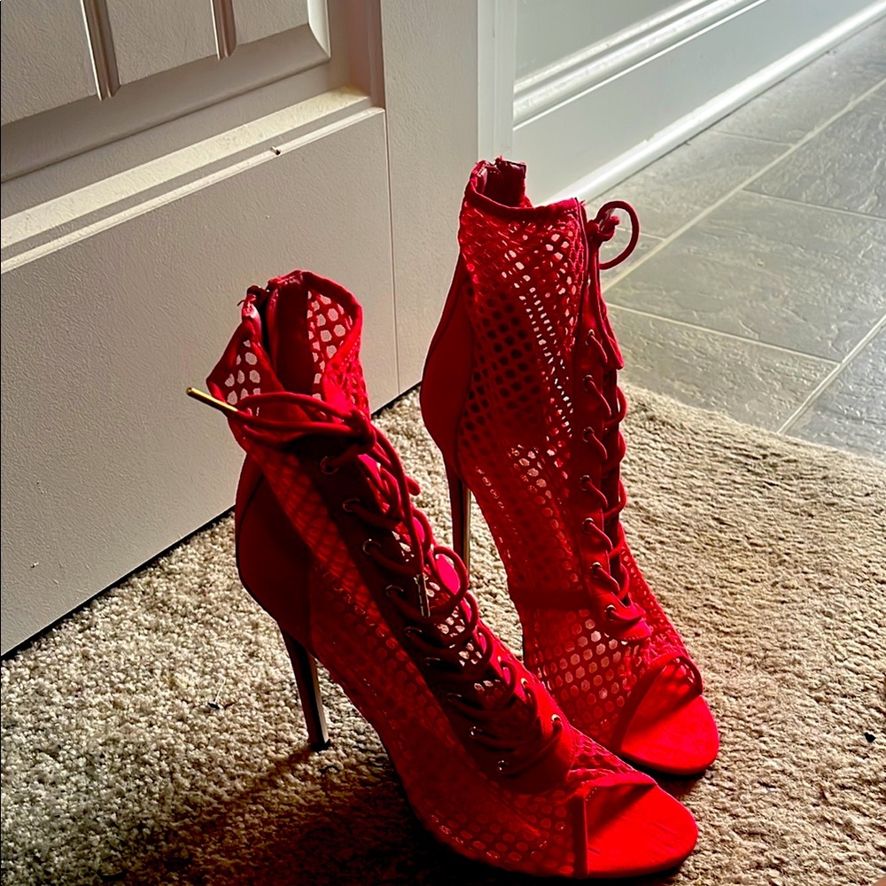 Red Lace-Up Stiletto Heels